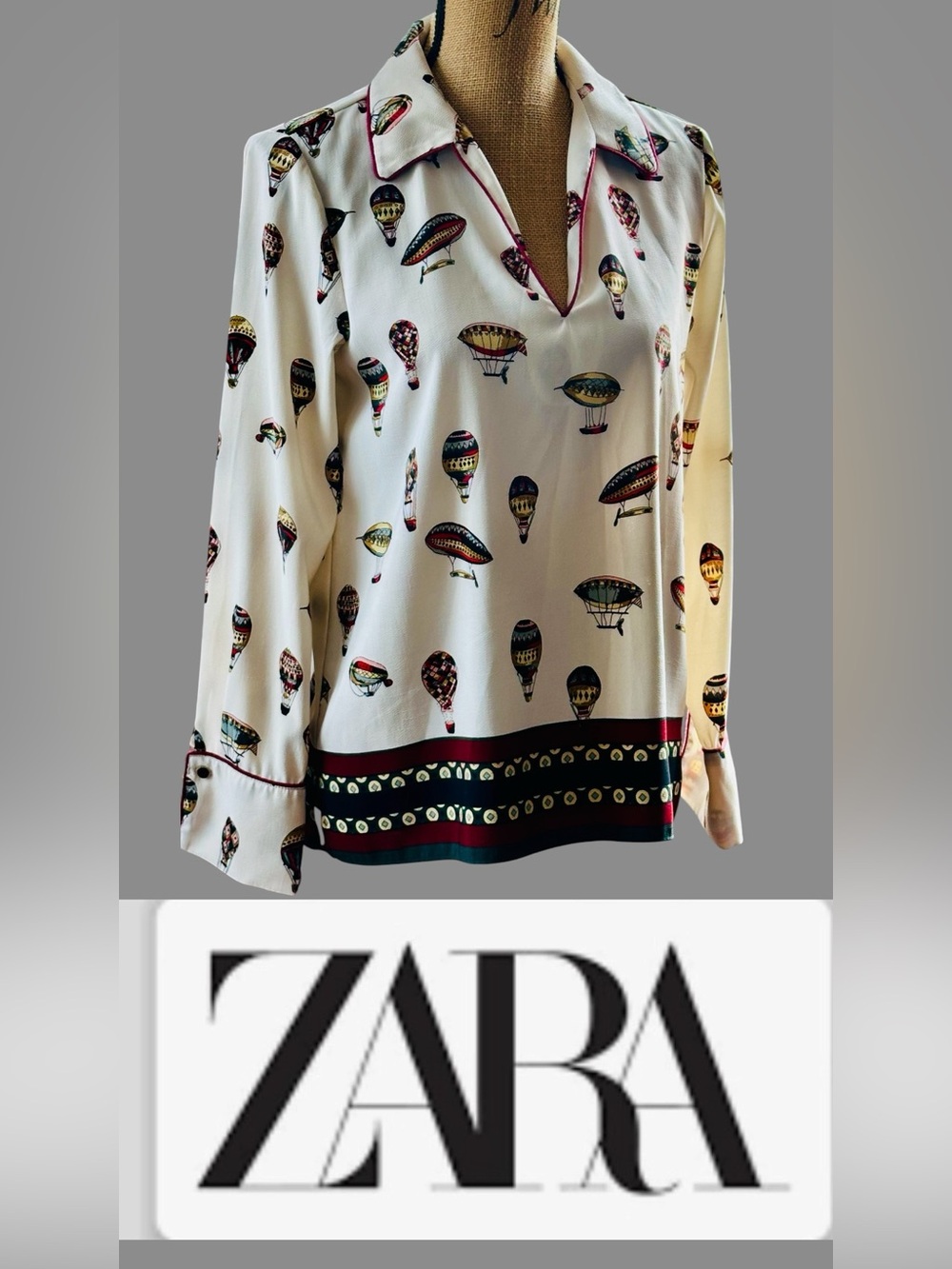 Zara Cream Balloon-Print Long Sleeve V-Neck Blouse with Multicolor Trim. US M